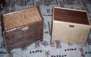 Matched boxes for mother and daughter.  Left is curly walnut with quilted maple.  Right is curly maple with curly walnut lid.