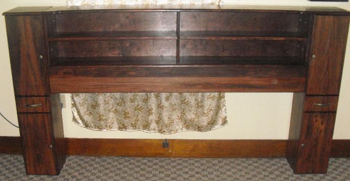 King size headboard.  Sycamore in red mahogany stain.  Cabinet end towers with drawer.  Also has pedestal.